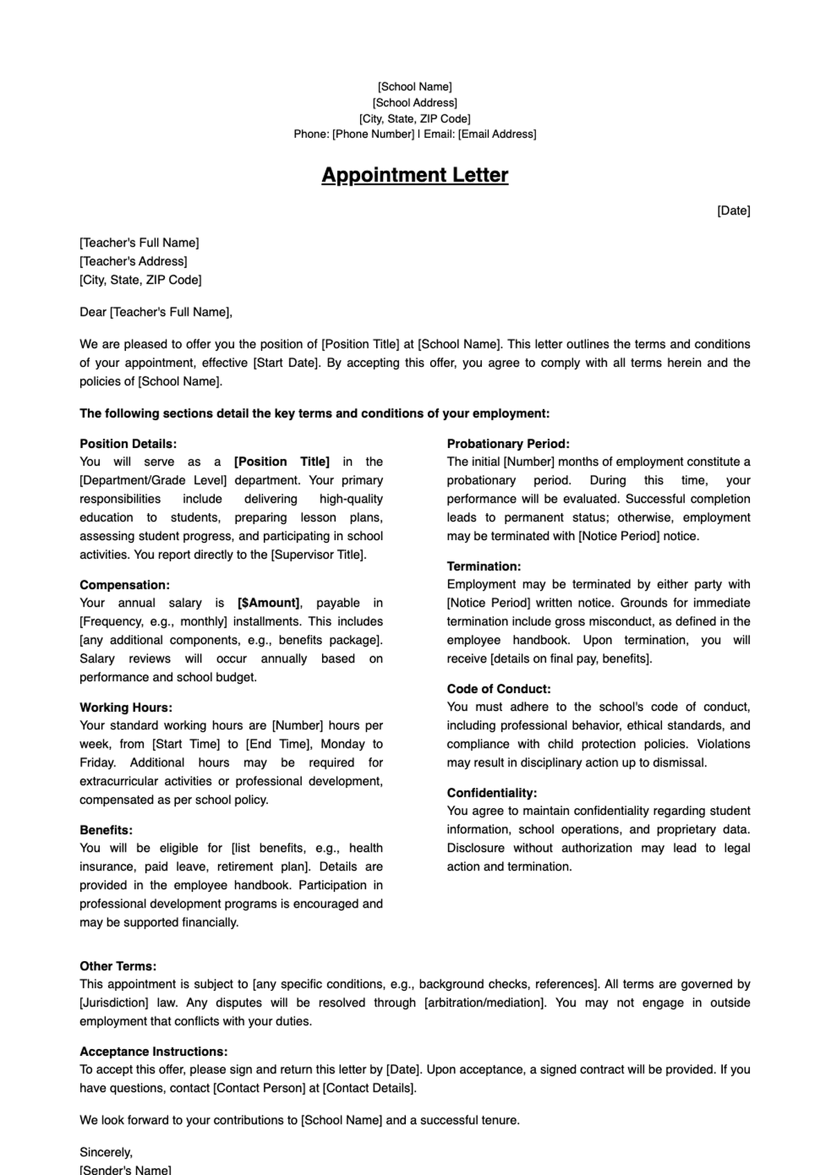 Teacher appointment letter template with placeholder fields_variant_2